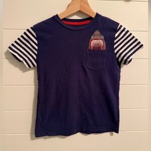 Mini Boden Navy and White Striped Kids Tee with Shark Pocket 6/7 100% Cotton